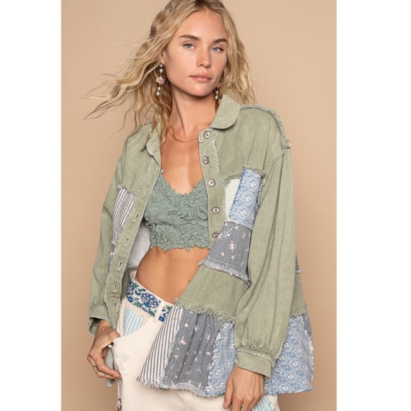 "The Kristin" Olive Mixed Print Frayed Edging Jacket - Picture 4 of 5